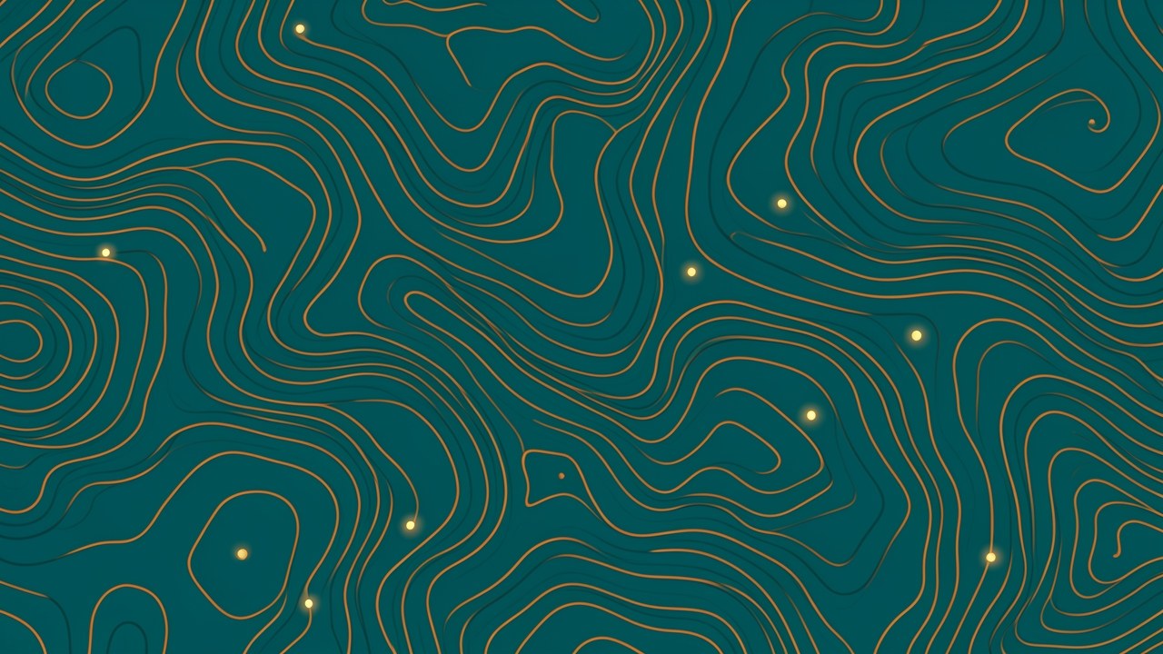 Aerial view of a stylized topographic map with winding contour lines in teal and amber, symbolizing the landscape of mortgage rates.