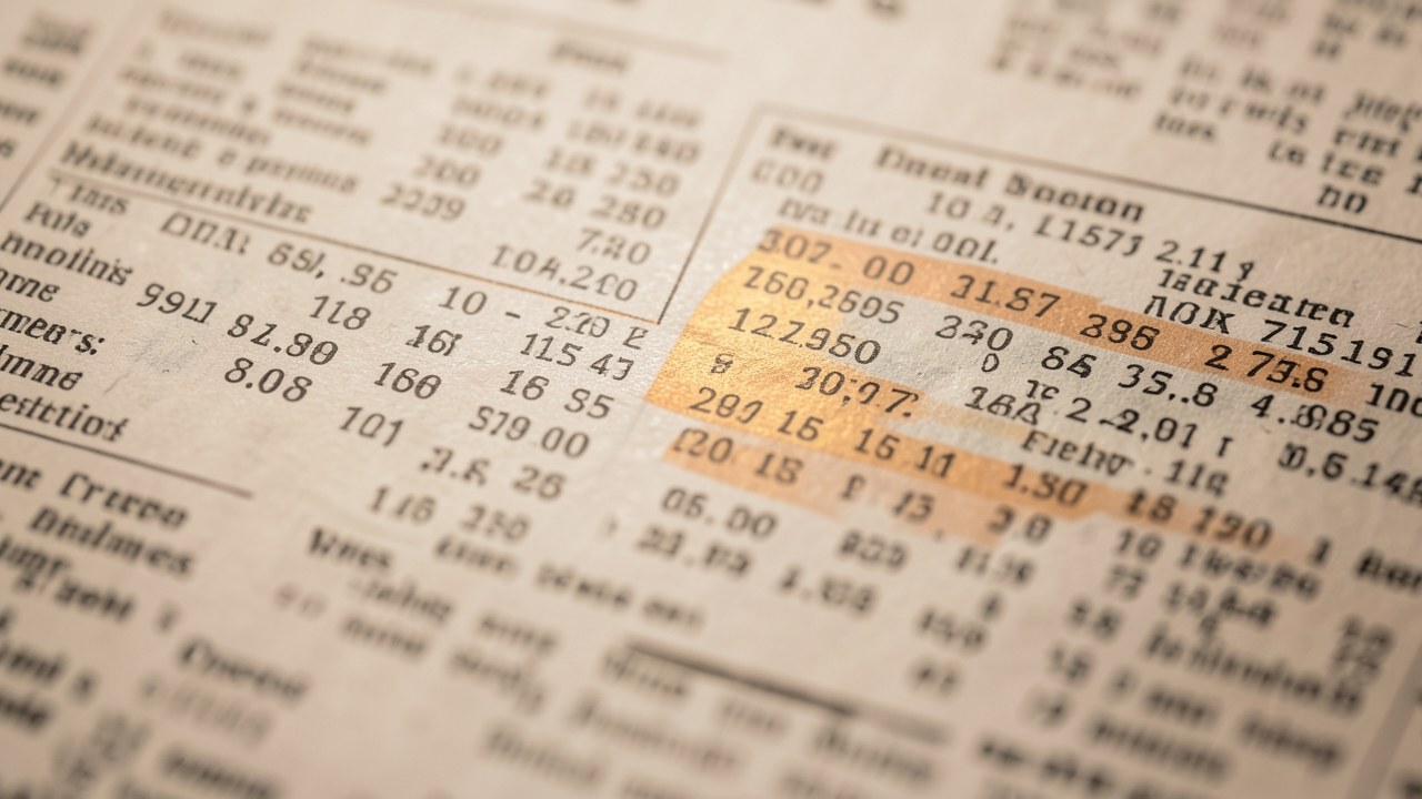 Close-up of a financial newspaper showing a table of numbers, with a warm amber highlight on one column.