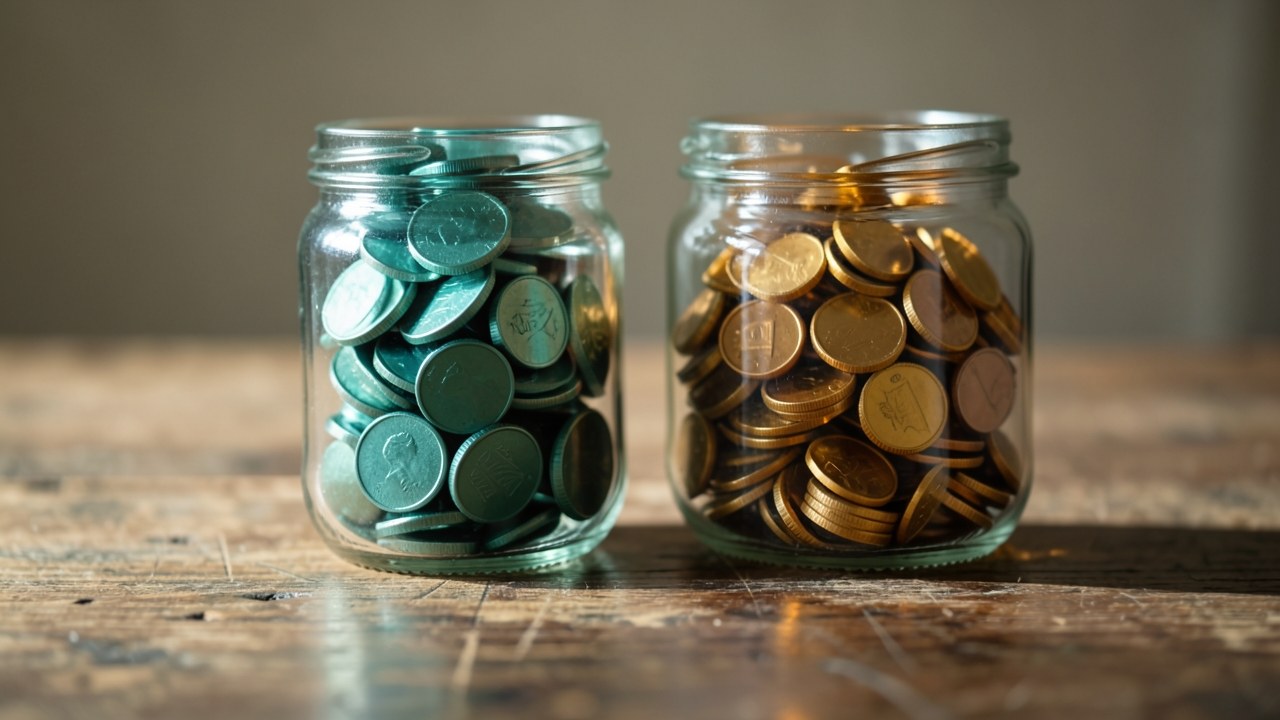 Two clear glass jars, one filled with teal coins and the other with amber coins, placed side by side on a wooden table.