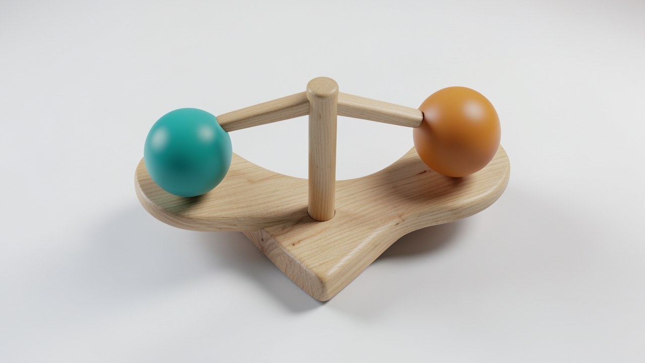 A wooden balance scale with a teal and an amber weight on each side, set against a plain background.