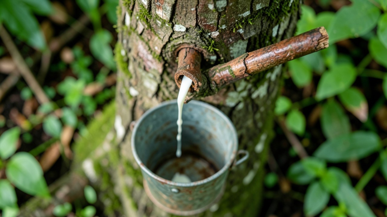A single rubber tree tap dripping latex into a bucket, symbolizing the flow of economic variables.
