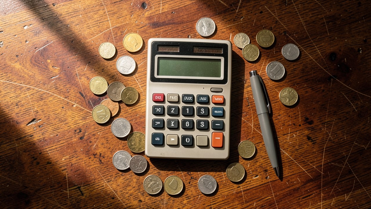 Overhead shot of a classic pocket calculator with scattered coins and a pen on a desk.