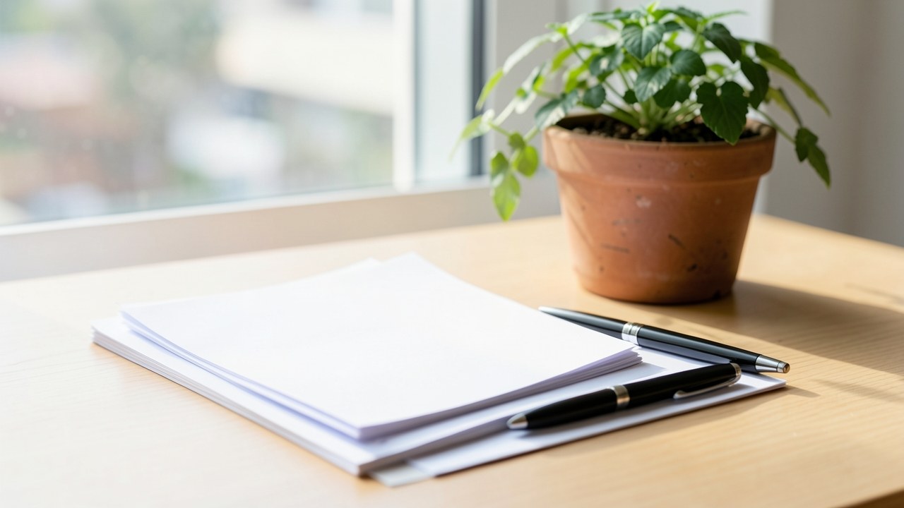 A clean desk with a stack of documents, a pen, and a small plant, symbolizing the start of a mortgage application.