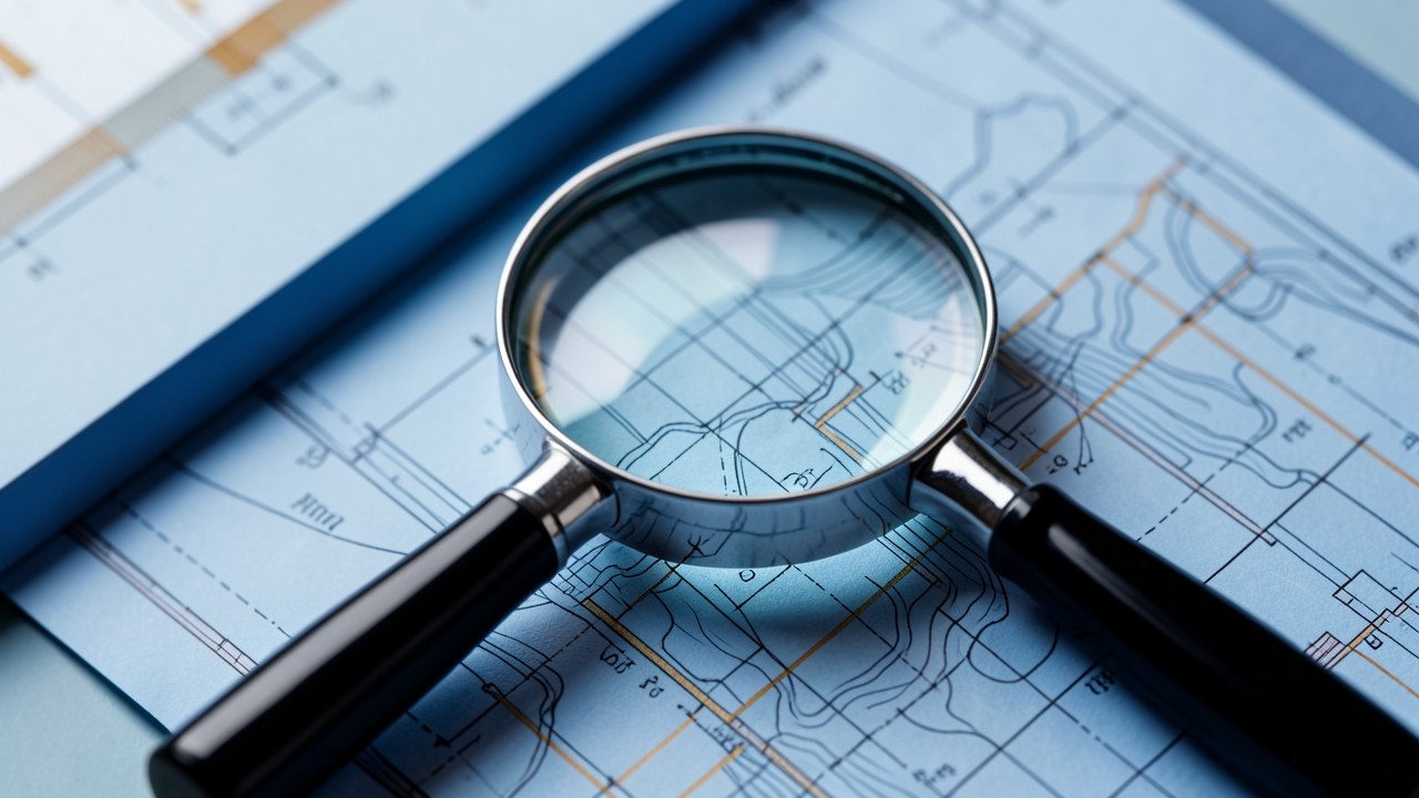 A clear magnifying glass over a blueprint with contour lines, symbolizing detailed understanding.