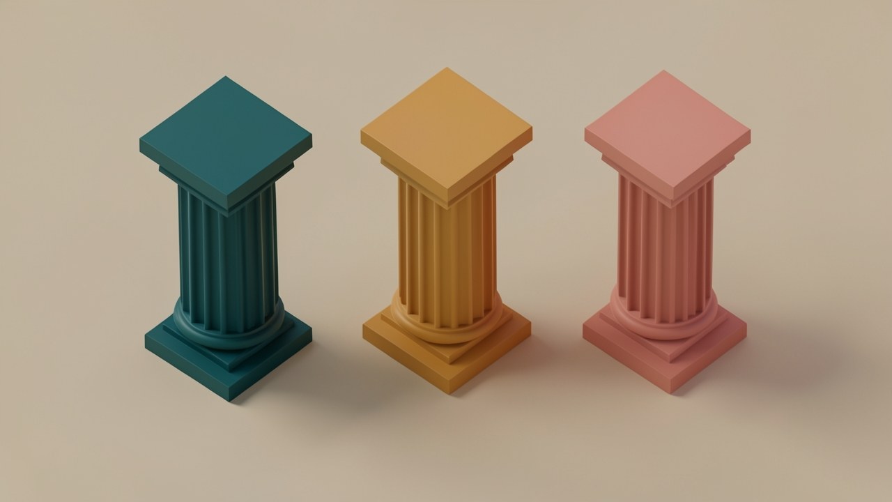 A row of three classic bank pillars in different colors (teal, amber, coral) on a neutral background.