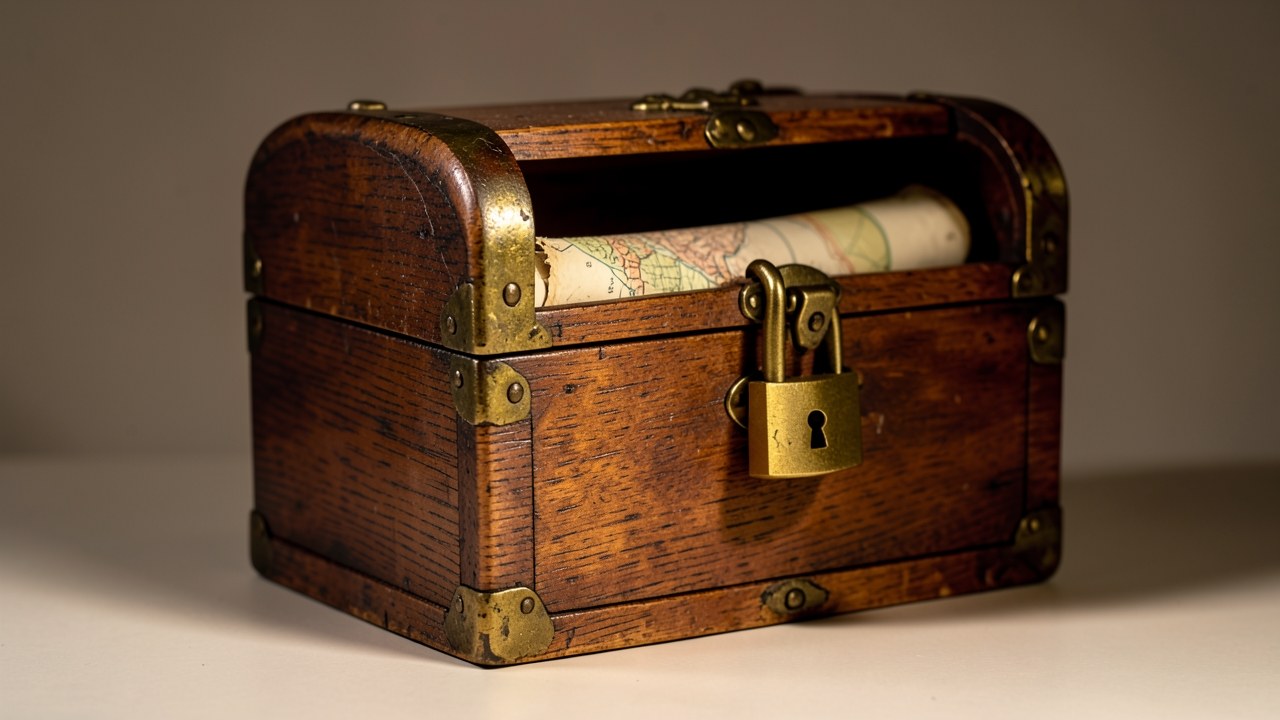 A padlock secured to a vintage map chest, symbolizing the security of locking in a rate.