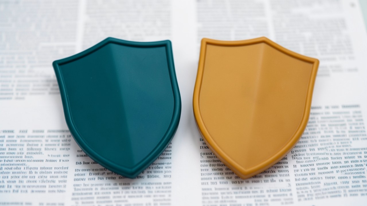 Two shields, one teal and one amber, placed on a surface with a subtle background of documents.