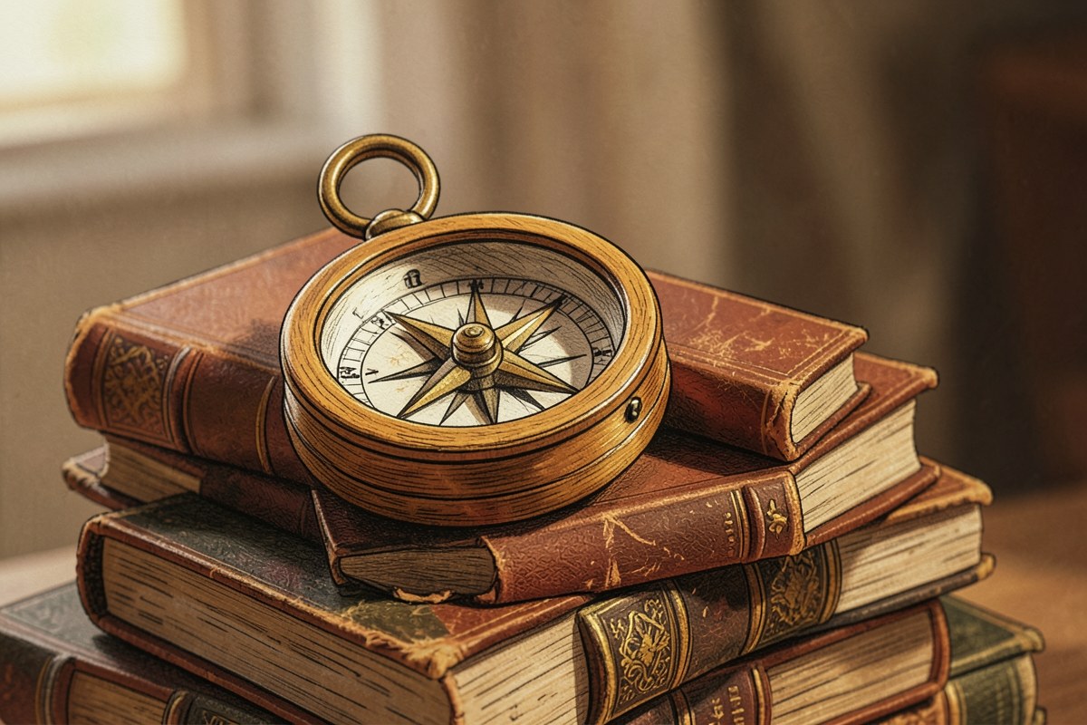 A wooden compass on a stack of books, representing the site's guiding principles.