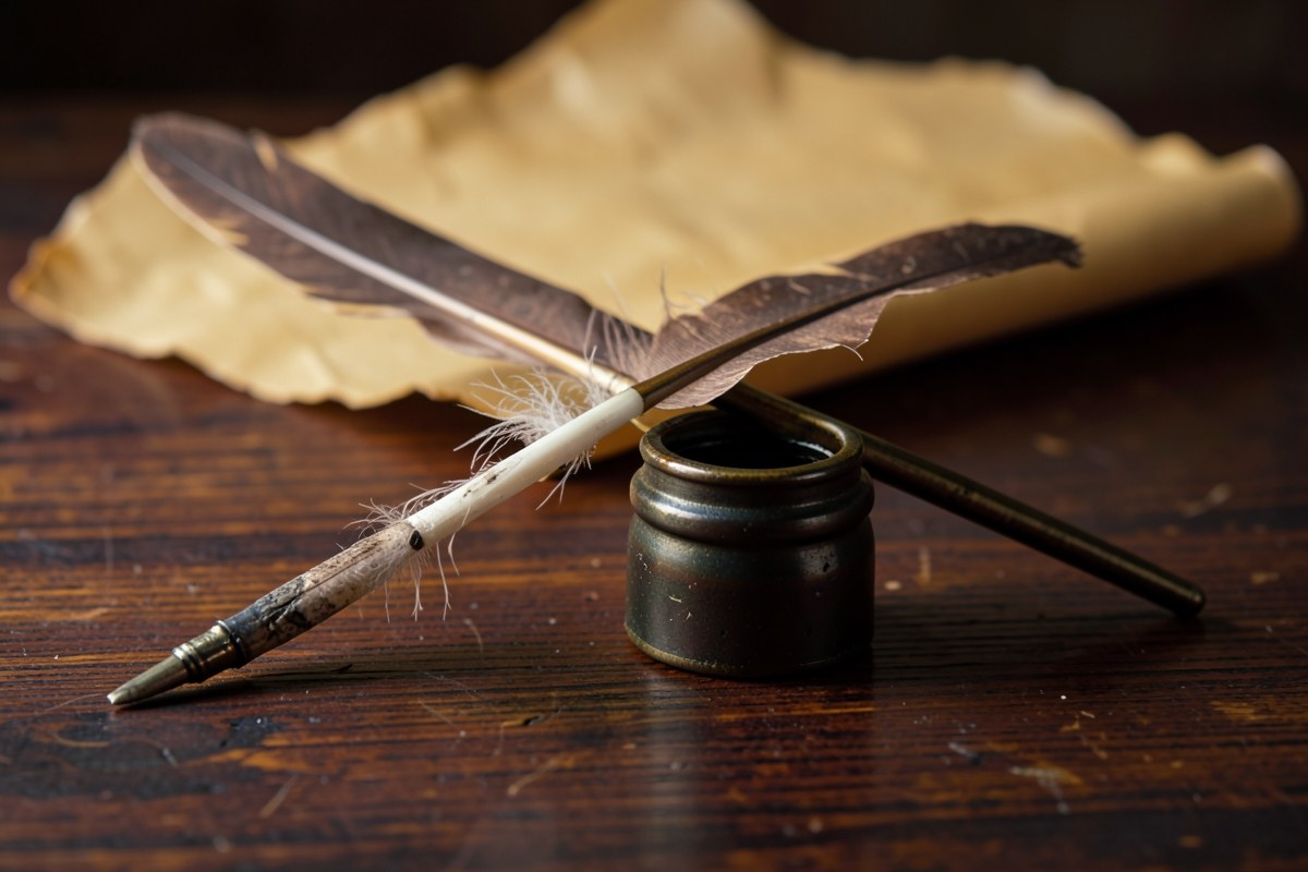 A quill pen and inkwell on a desk, symbolizing editorial standards and meticulous writing.