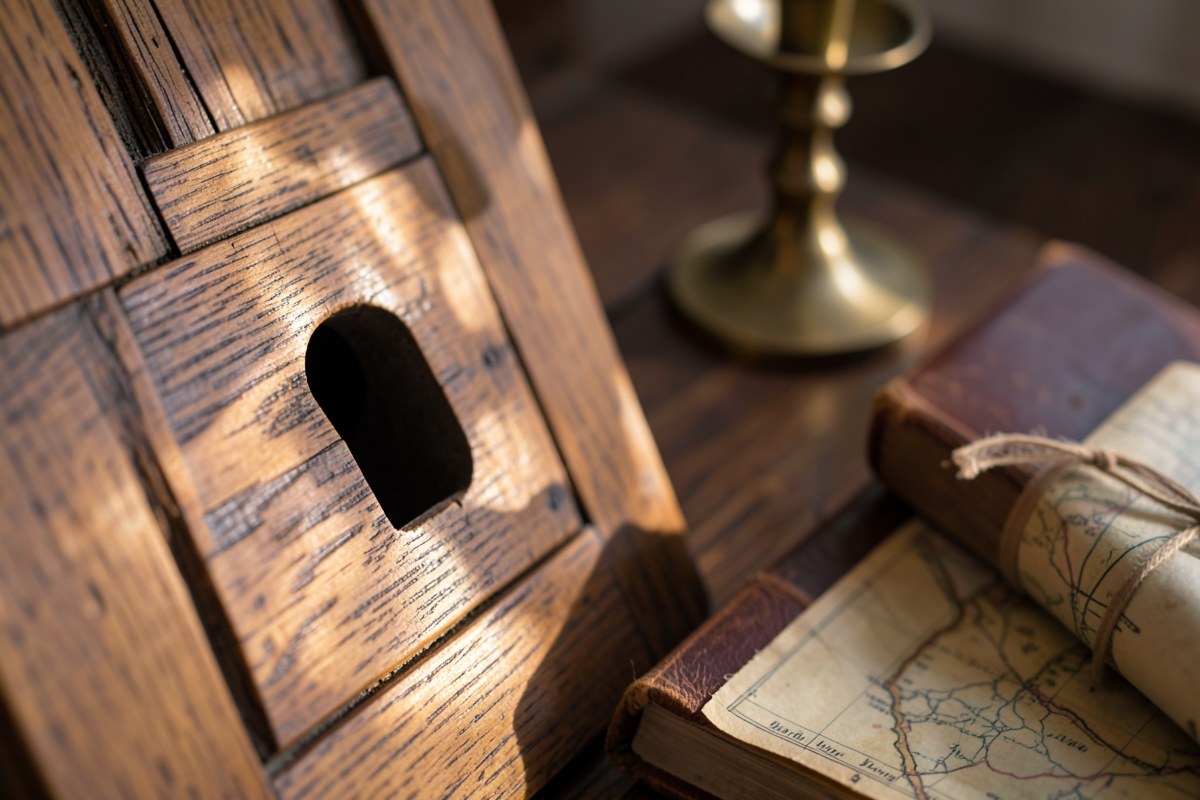 A keyhole in a wooden door, suggesting privacy and security.