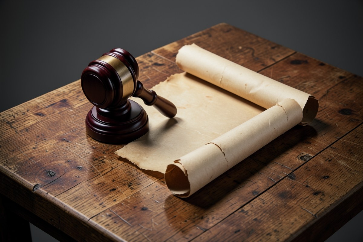 A gavel and a parchment scroll on a table, representing legal terms and agreements.