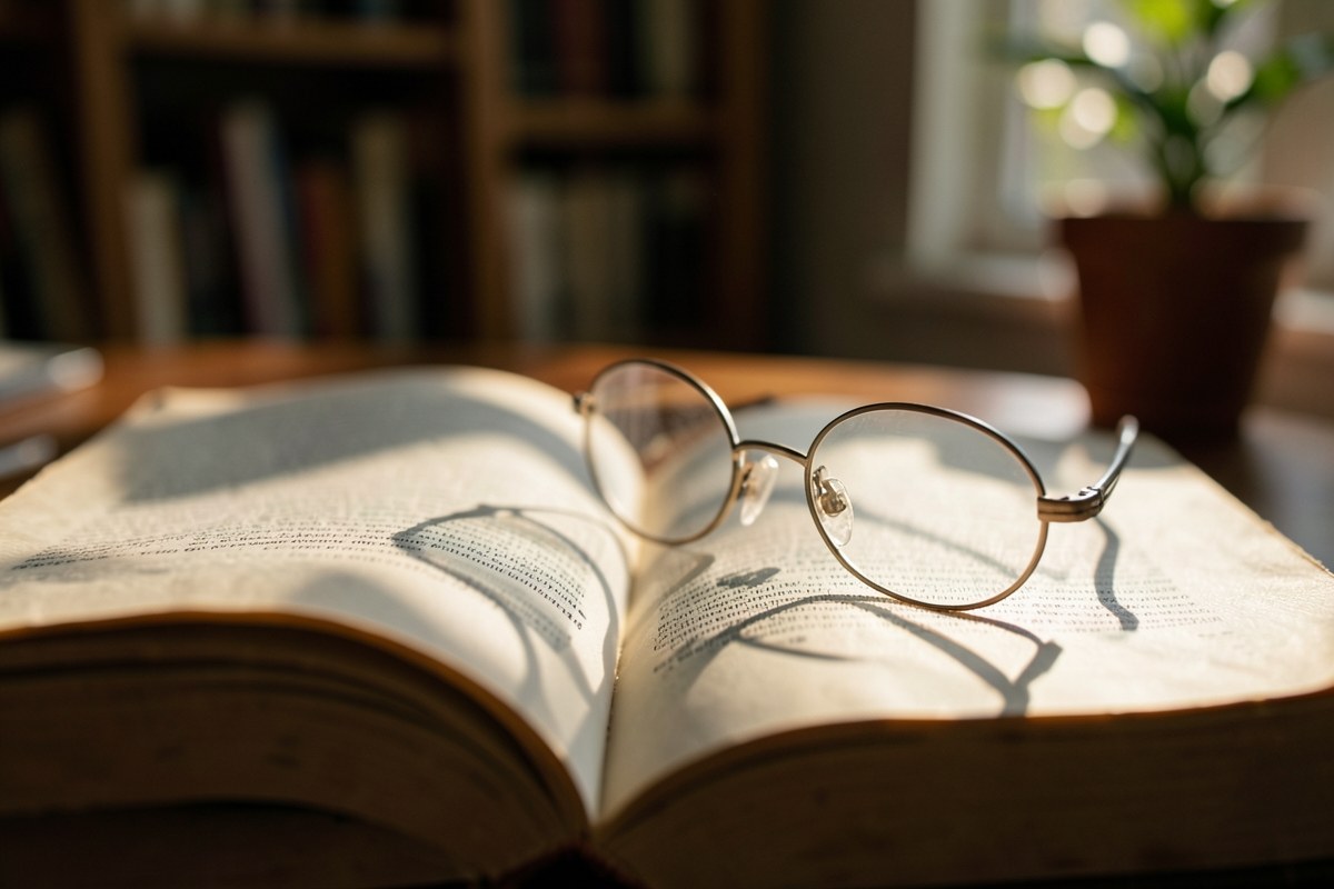 An open book with a pair of glasses resting on it, symbolizing careful reading and disclaimers.
