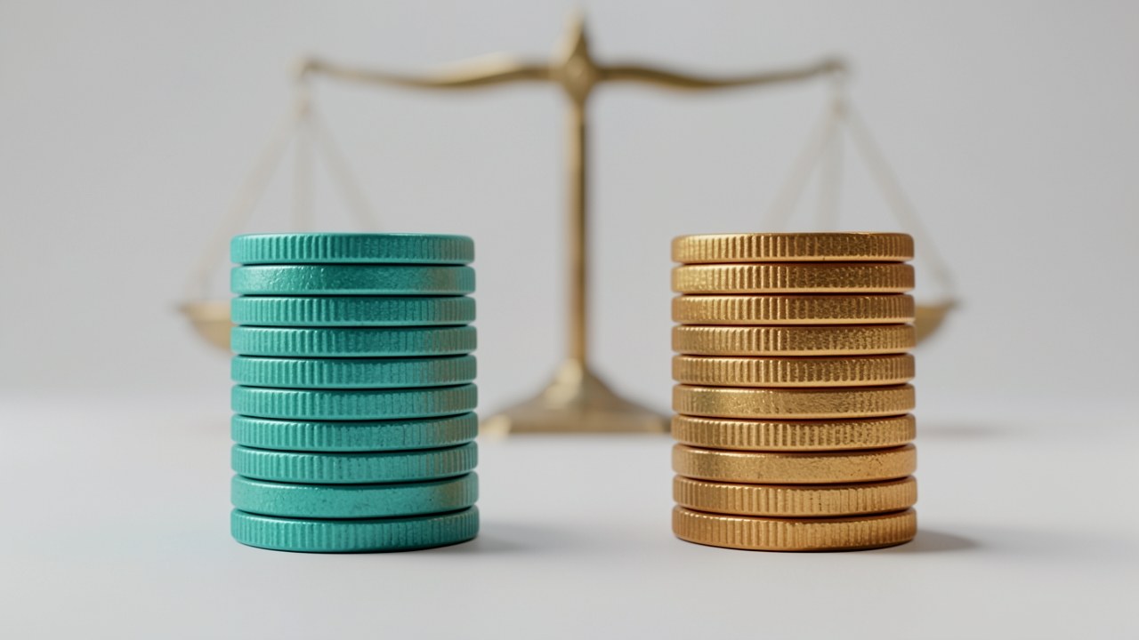 Two stacked coins, one teal and one amber, with a subtle scale in the background, representing comparison.